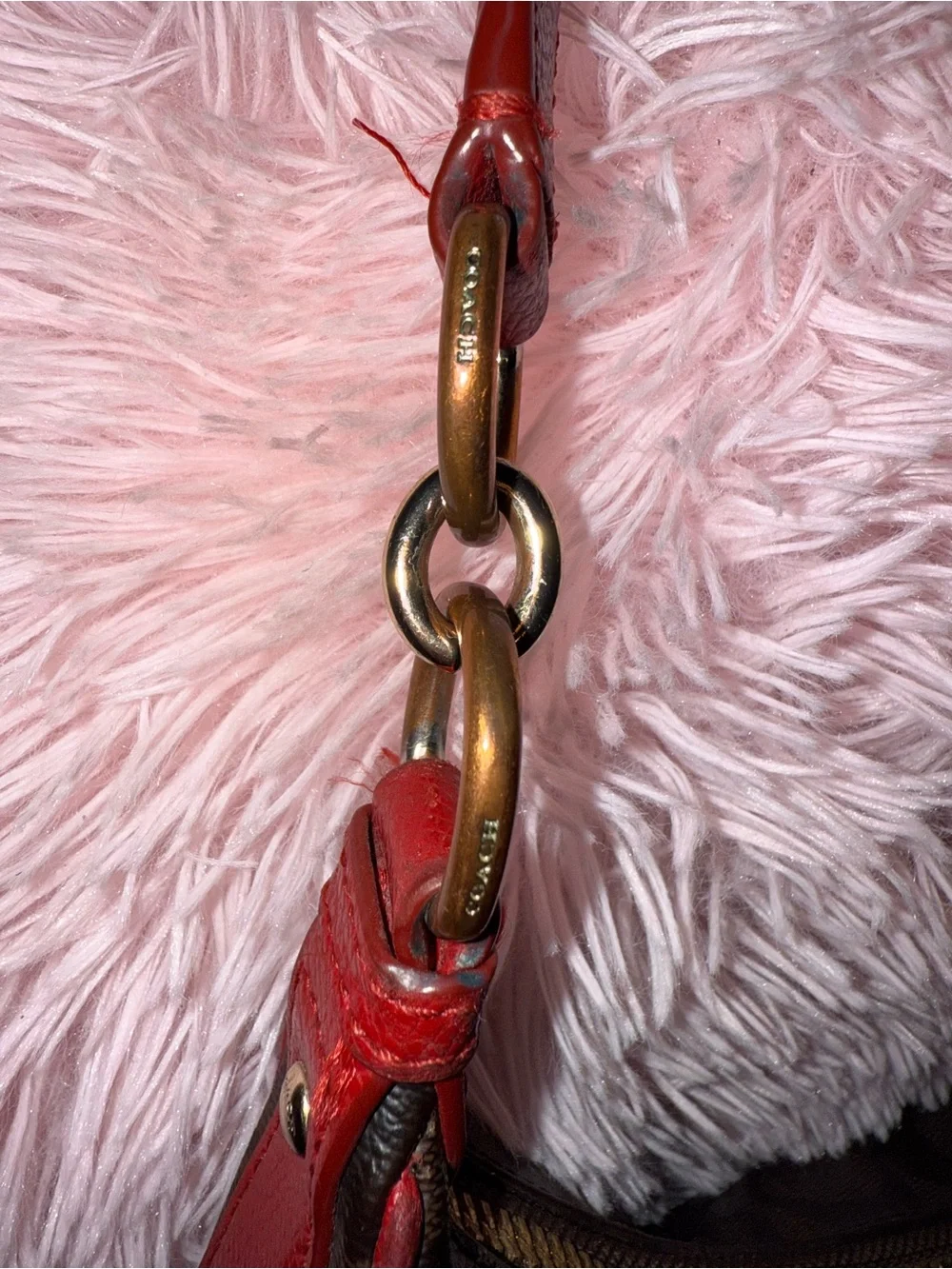 Coach Brown Signature Shoulder Bag with Red Trim